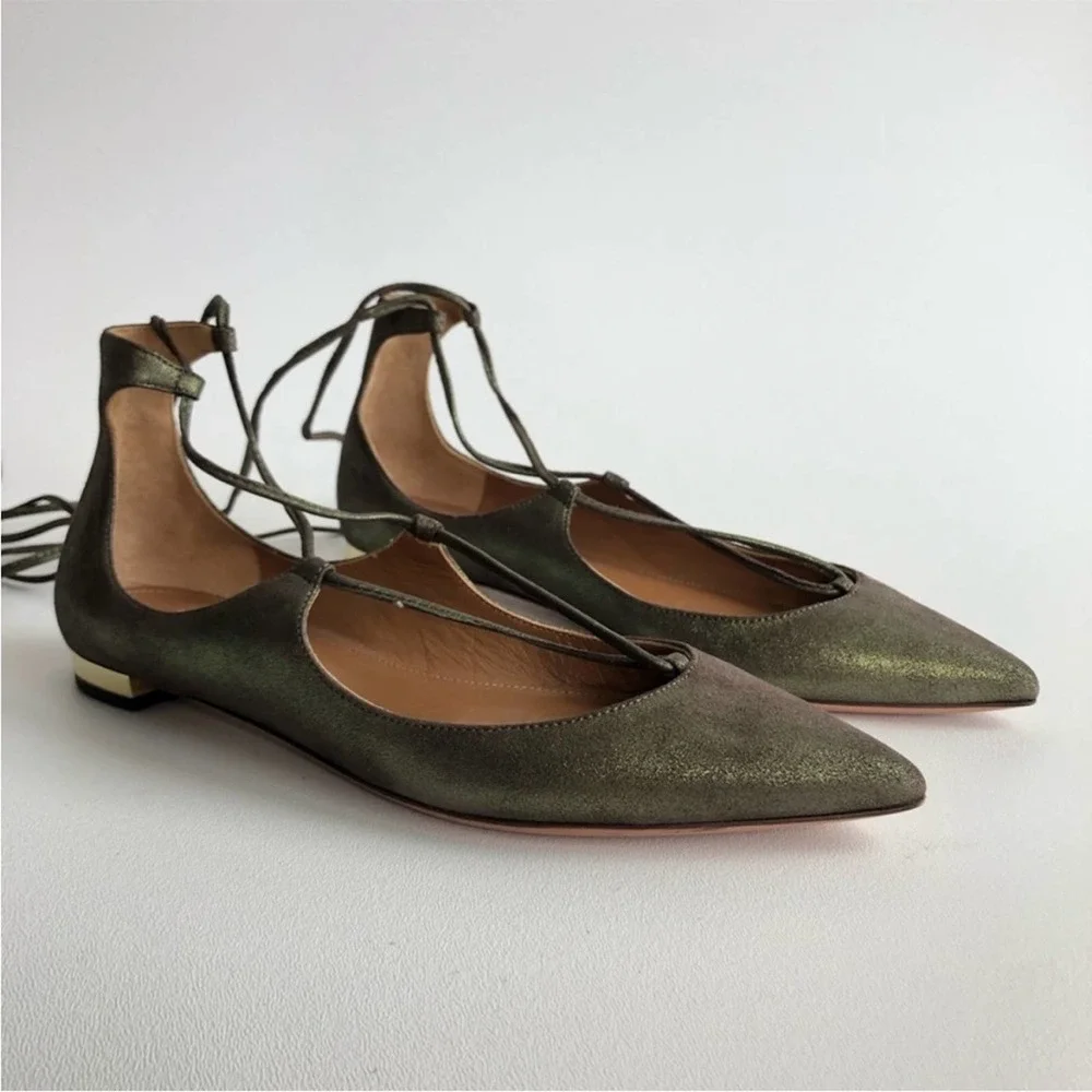 Aquazurra Christy Lace Up Metallic Military Green Ballet Pointed Flats NEW 35/5